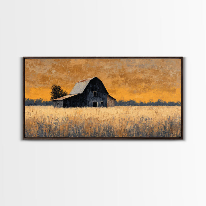 Rustic Barn Silhouette Canvas Print, Country Art, Landscape Painting, Farmhouse Decor, Abstract Art, Country, Statement Artwork, COU-2x1-71
