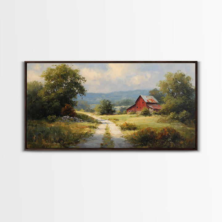 Country Road Disappearing into Green Hills Framed Canvas Print, Country Art, Statement Artwork, Farmhouse Decor, Country, COU-2x1-75