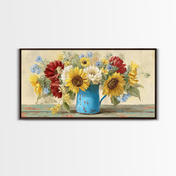 Sunflowers in a Blue Enamel Pitcher Canvas Print, Country Art, Farmhouse Decor, Country, Gallery Wall Art, Landscape Wall Art, COU-2x1-76