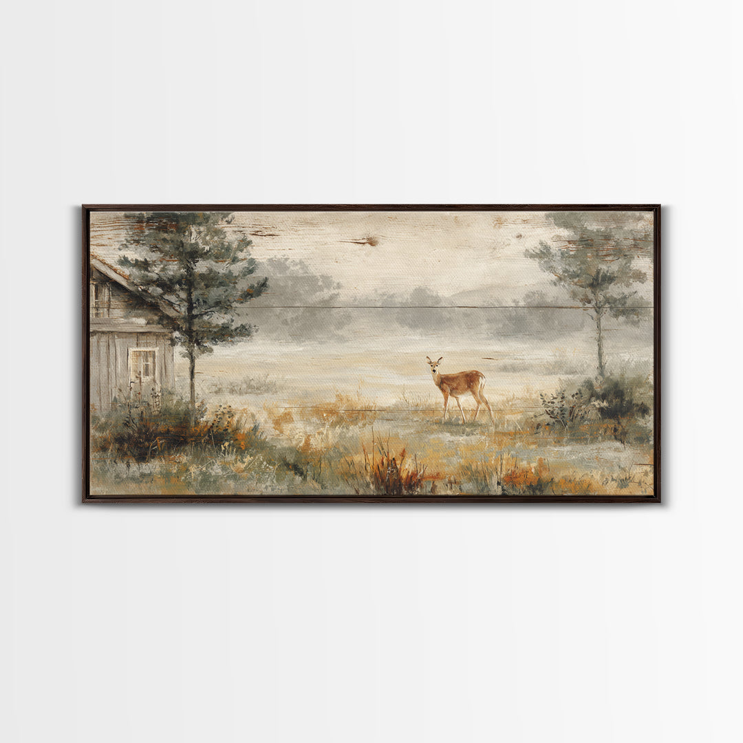 Deer Crossing a Misty Morning Field Framed Canvas Print, Country Art, French Country Decor, Farmhouse Decor, Fine Art, Country, COU-2x1-79