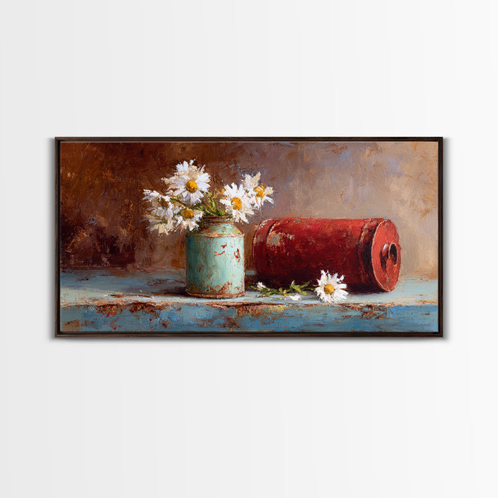 Milk Can and Daisies Rustic Still Life Framed Canvas Print, Country Art, Oil Painting, Farmhouse Decor, Watercolor Art, Country, COU-2x1-81