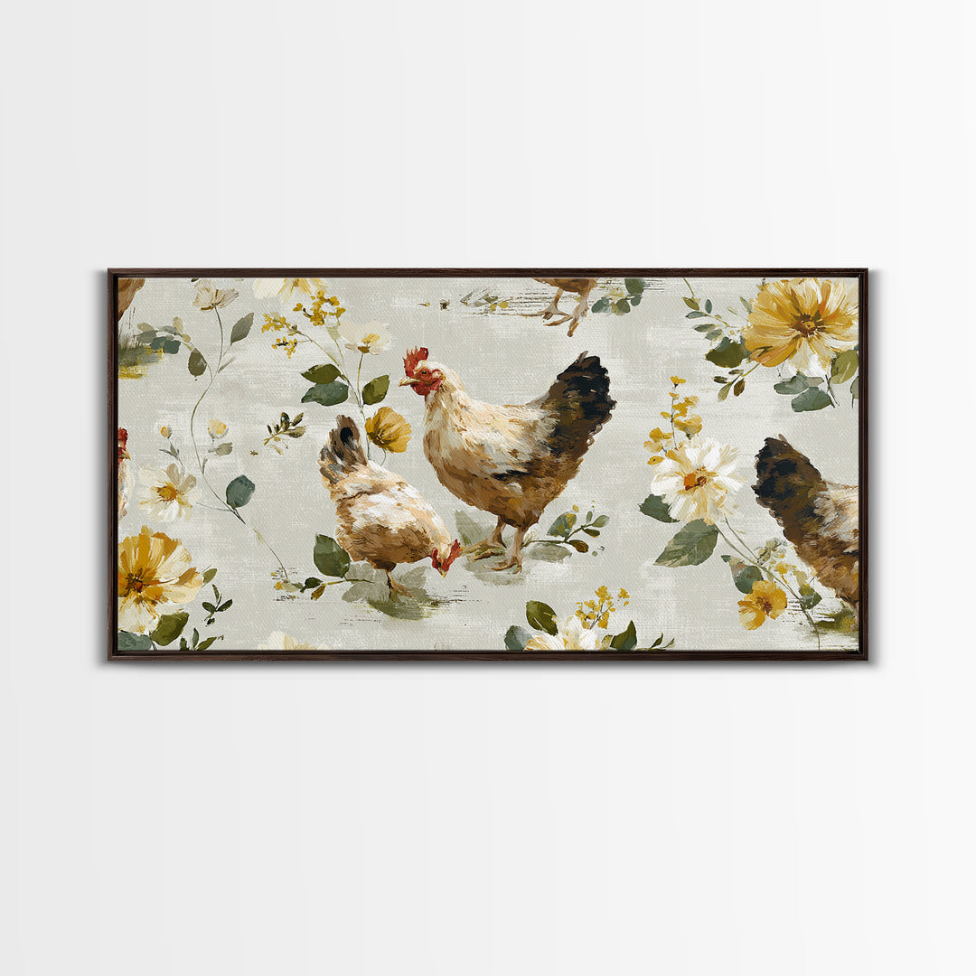 Chickens Pecking Near Garden Flowers Canvas Print, Country Art, Wall Art, Farmhouse Decor, Watercolor Art, Country, COU-2x1-82