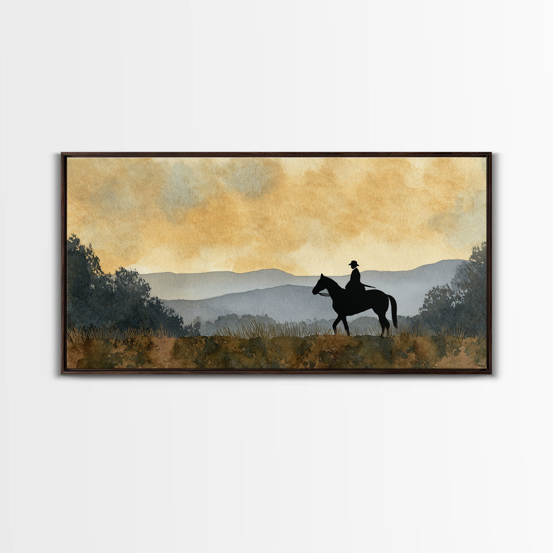 Horse and Rider Silhouette at Dusk Framed Canvas Print, Country Art, Digital Wall Art, Farmhouse Decor, Fine Art, Country, COU-2x1-85