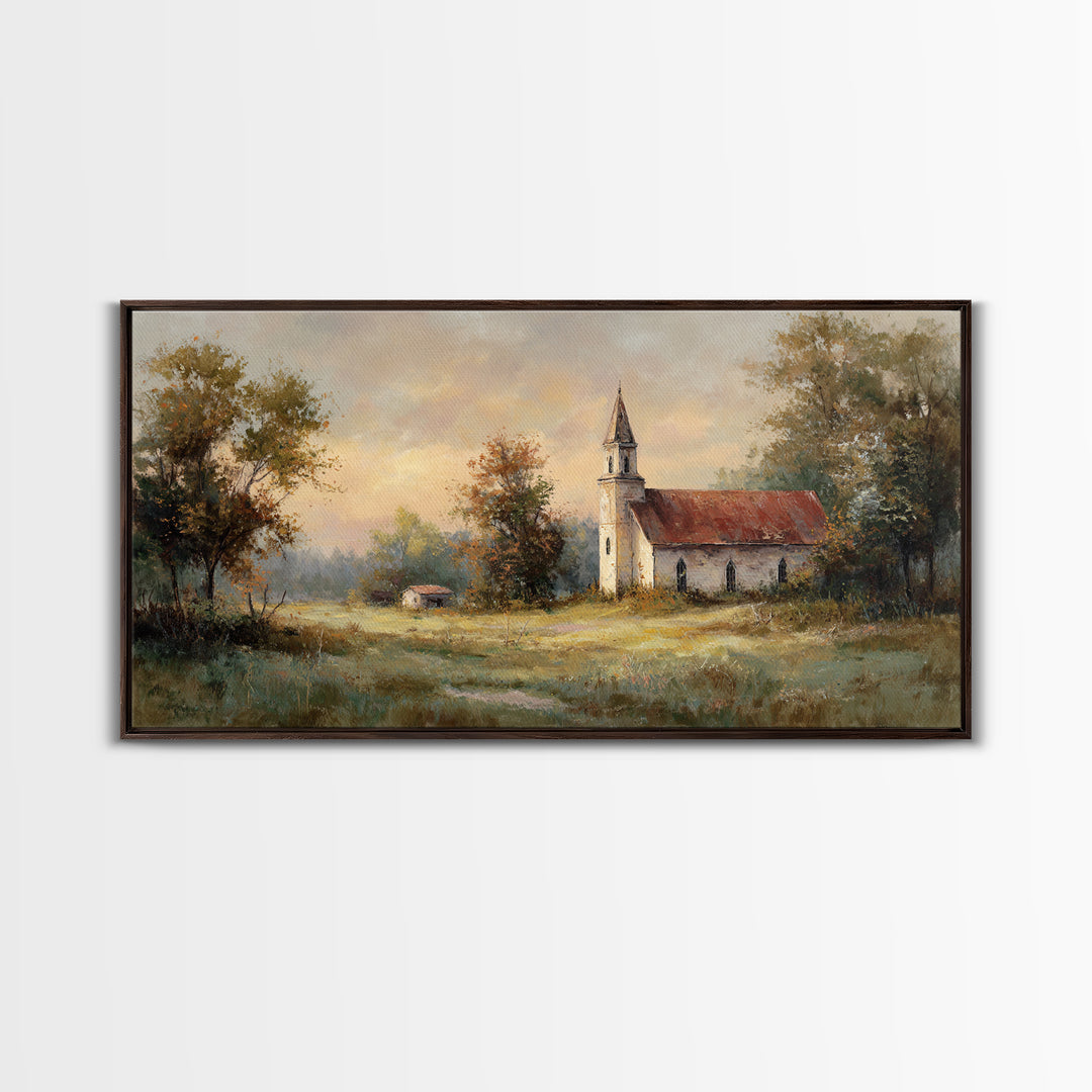 Country Church Steeple Beyond Trees Framed Canvas Print, Country Art, Digital Art Prints, Farmhouse Decor, Fine Art, Country, COU-2x1-87