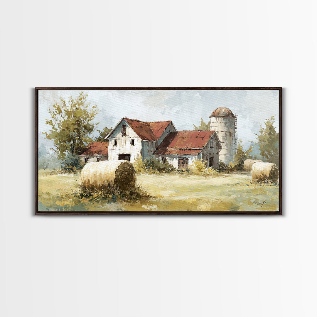 Hay Bales in Late Afternoon Sun Framed Canvas Print, Country Art, Digital Print, Farmhouse Decor, Country, French Country, COU-2x1-88