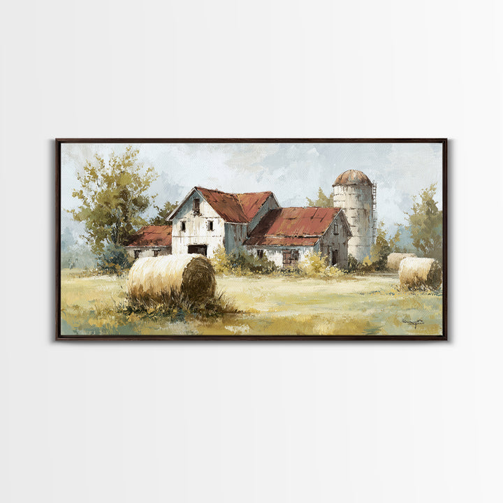 Hay Bales in Late Afternoon Sun Framed Canvas Print, Country Art, Digital Print, Farmhouse Decor, Country, French Country, COU-2x1-88
