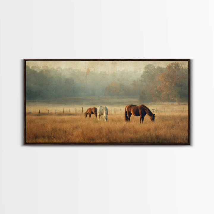 Rolling Pasture with Grazing Horses at Sunrise Canvas Print, Country Art, Large Wall Art, Farmhouse Decor, Fine Art, Country, COU-2x1-93