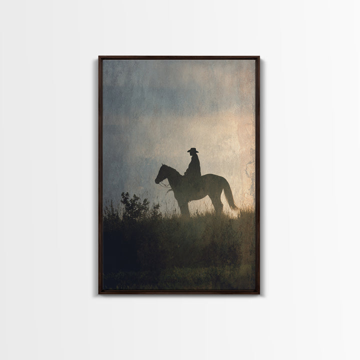 Horse and Rider Silhouette at Dusk Framed Canvas Print, Country Art, Wall Art, Farmhouse Decor, Fine Art, Country, COU-2x3-1