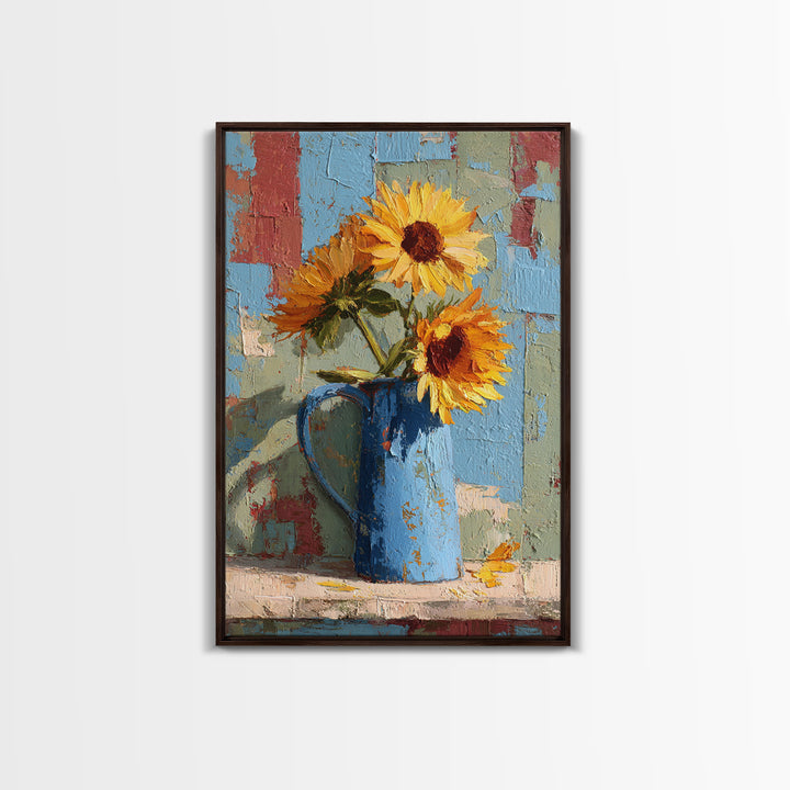 Sunflowers in a Blue Enamel Pitcher Canvas Print, Country Art, Floral Wall Art, Farmhouse Decor, Country, Fine Art Print, COU-2x3-16