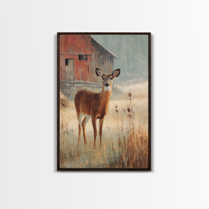 Deer Crossing a Misty Morning Field Framed Canvas Print, Country Art, Wall Decor, Farmhouse Decor, Fine Art, Country, COU-2x3-19