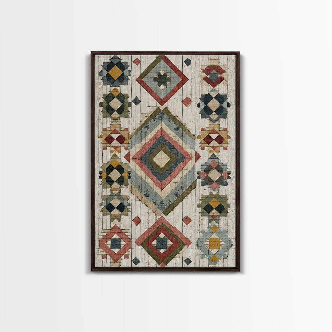 Quilt Geometric Folk Pattern Framed Canvas Print, Country Art, Farmhouse Decor, Abstract Art, Country, Watercolor Painting, COU-2x3-20