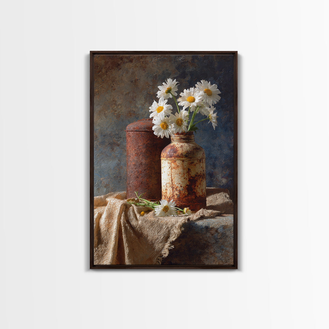 Milk Can and Daisies Rustic Still Life Framed Canvas Print, Country Art, Farmhouse Decor, Oil Painting, Country, COU-2x3-21