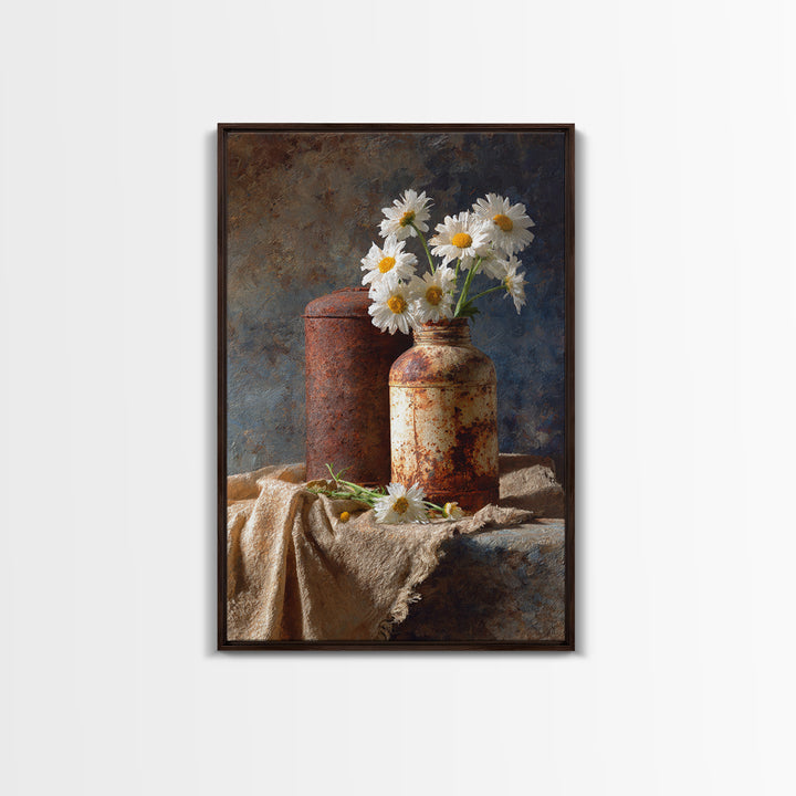Milk Can and Daisies Rustic Still Life Framed Canvas Print, Country Art, Farmhouse Decor, Oil Painting, Country, COU-2x3-21