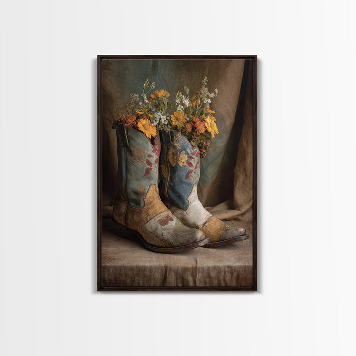 Weathered Boots with Wildflowers Tucked Inside Canvas Print, Country Art, Eclectic Wall Art, Farmhouse Decor, Country, COU-2x3-24