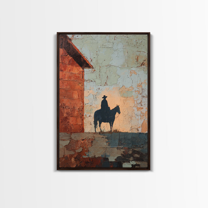Horse and Rider Silhouette at Dusk Framed Canvas Print, Country Art, Wall Art, Farmhouse Decor, Fine Art, Country, COU-2x3-25
