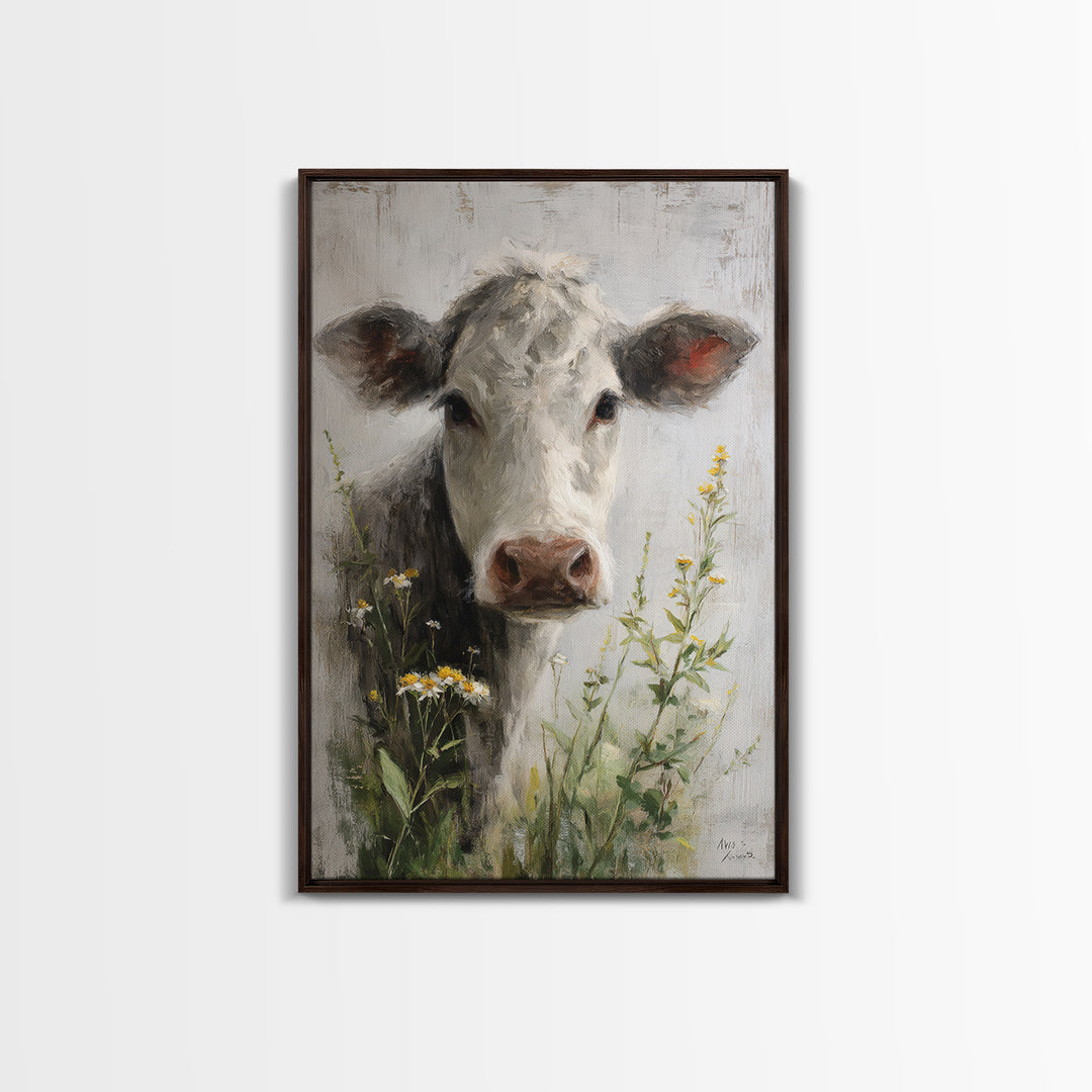 Cow Portrait with Gentle Farmhouse Personality Framed Canvas Print, Country Art, Digital Art Prints, Farmhouse Decor, Country, COU-2x3-36