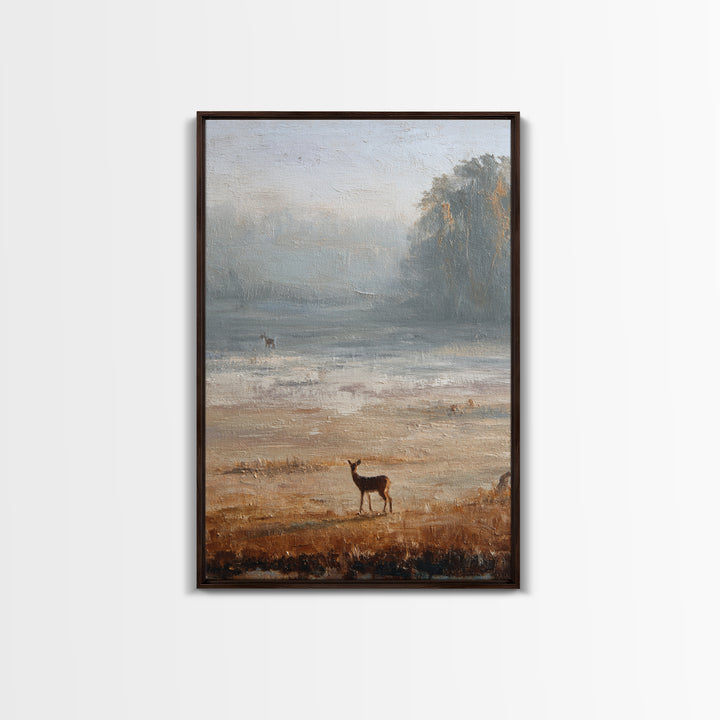Deer Crossing a Misty Morning Field Framed Canvas Print, Country Art, Contemporary Art, Farmhouse Decor, Fine Art, Country, COU-2x3-43