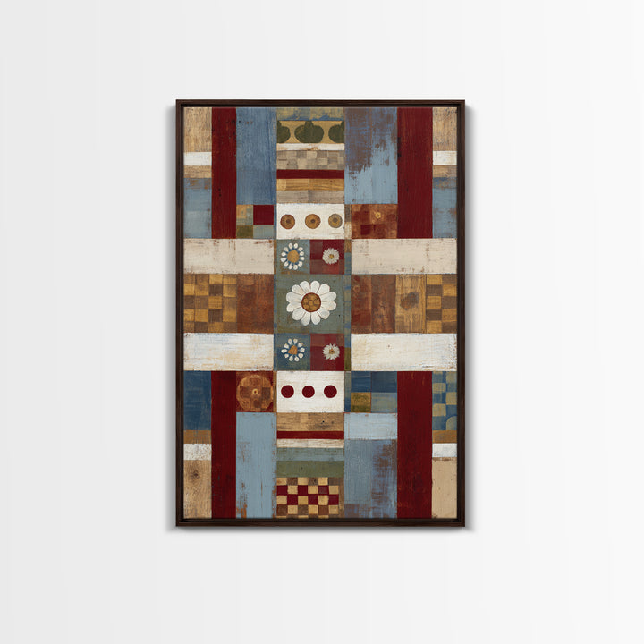 Quilt Geometric Folk Pattern Framed Canvas Print, Country Art, Landscape Wall Art, Farmhouse Decor, Abstract Art, Country, COU-2x3-44