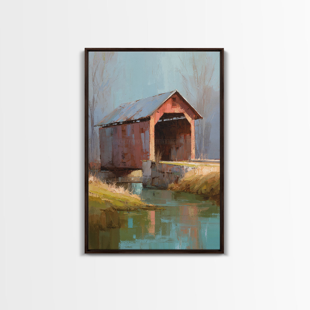 Covered Bridge over a Quiet Creek Framed Canvas Print, Country Art, Wall Art, Farmhouse Decor, Abstract Art, Country, COU-2x3-47