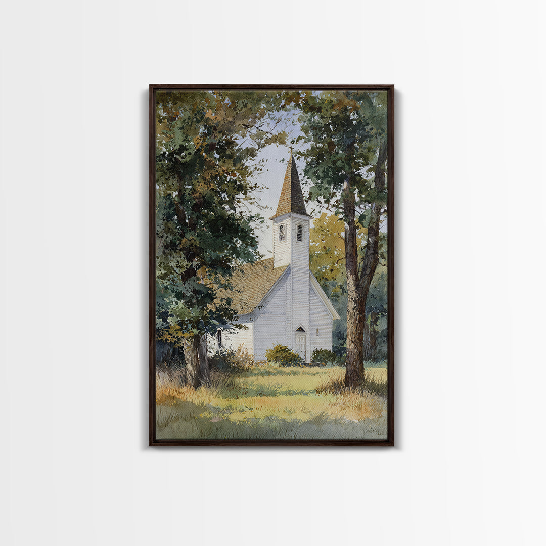 Country Church Steeple Beyond Trees Framed Canvas Print, Country Art, Room Decor, Farmhouse Decor, Oil Painting, Country, COU-2x3-51