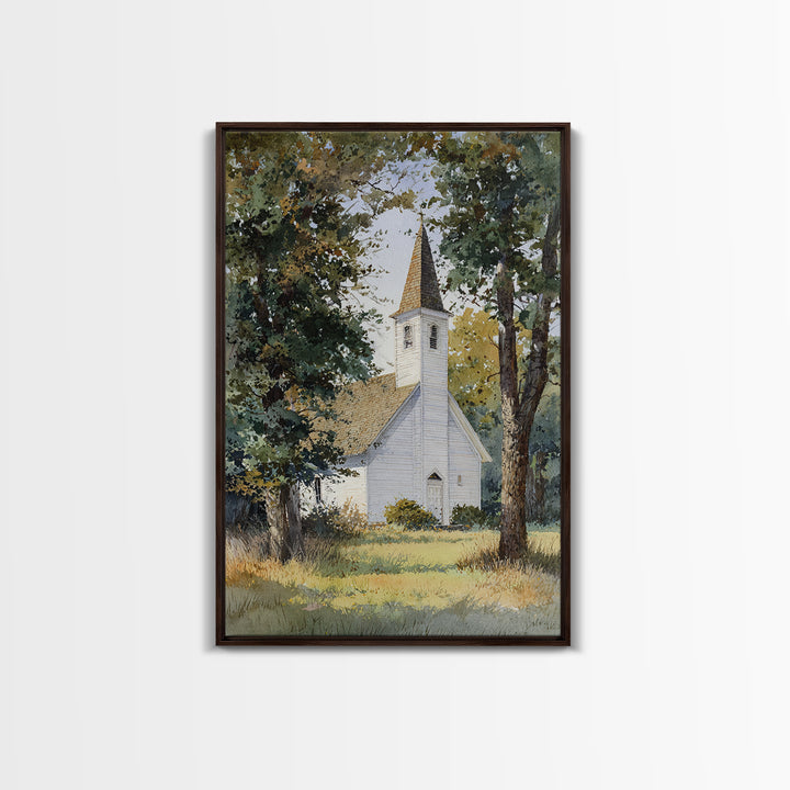 Country Church Steeple Beyond Trees Framed Canvas Print, Country Art, Room Decor, Farmhouse Decor, Oil Painting, Country, COU-2x3-51