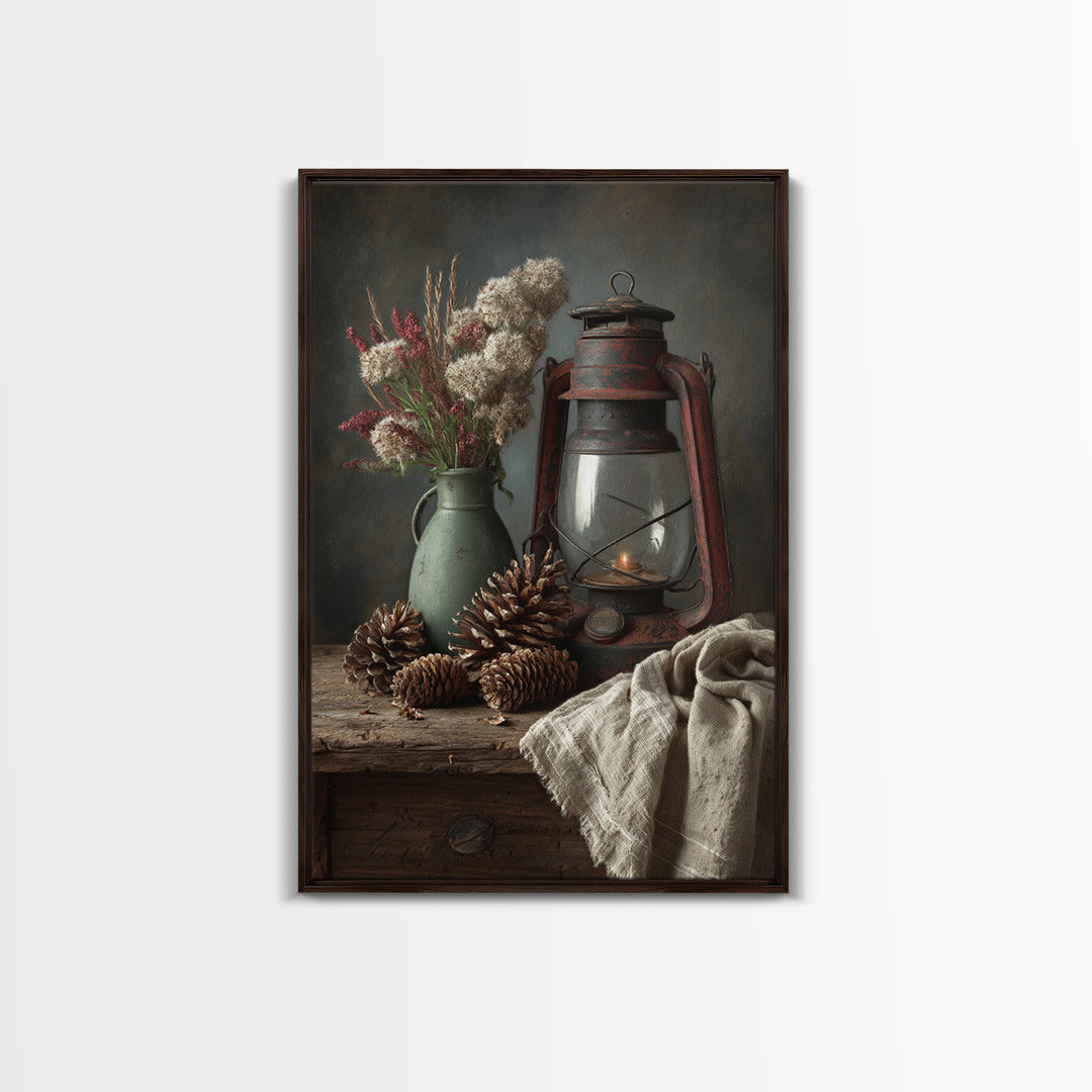 Old Lantern and Pinecones Still Life Framed Canvas Print, Country Art, Wall Decor, Farmhouse Decor, Abstract Art, Country, COU-2x3-56