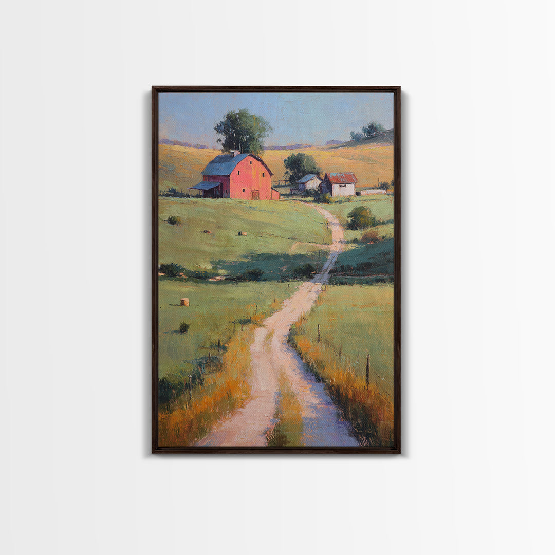 Country Road Disappearing into Green Hills Framed Canvas Print, Country Art, Digital Prints, Farmhouse Decor, Watercolor Art, COU-2x3-63
