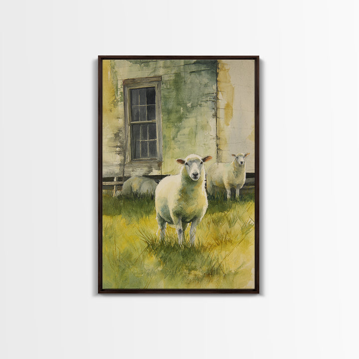 Watercolor Sheep in a Green Pasture Canvas Print, Country Art, Landscape Painting, Farmhouse Decor, Fine Art, Country, COU-2x3-7