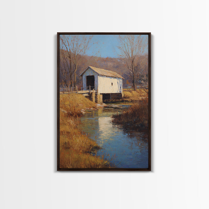 Covered Bridge over a Quiet Creek Canvas Print, Country Art, Art Print, Farmhouse Decor, Fine Art, Country, Watercolor Painting, COU-2x3-71