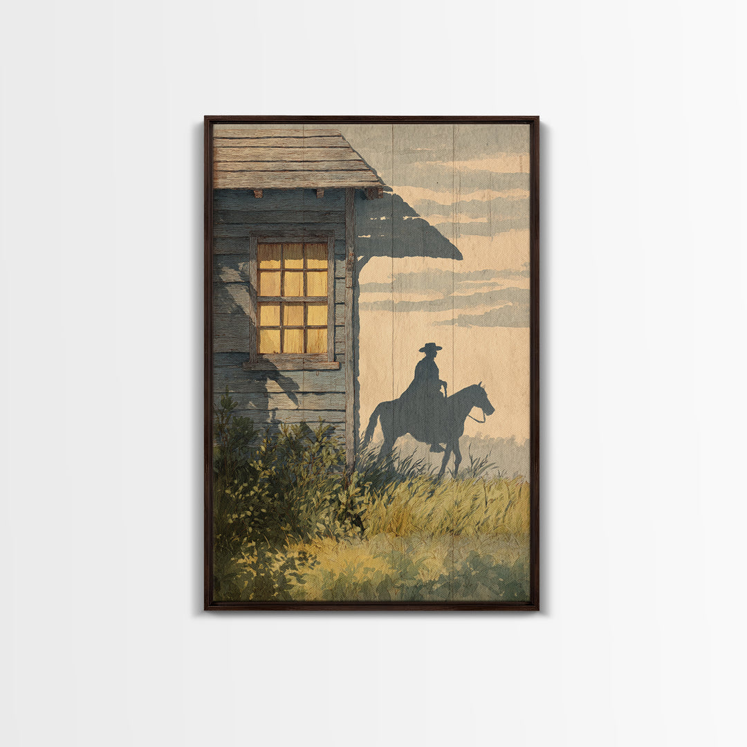 Horse and Rider Silhouette at Dusk Framed Canvas Print, Country Art, Large Wall Art, Farmhouse Decor, Fine Art, Country, COU-2x3-73
