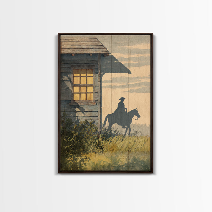 Horse and Rider Silhouette at Dusk Framed Canvas Print, Country Art, Large Wall Art, Farmhouse Decor, Fine Art, Country, COU-2x3-73