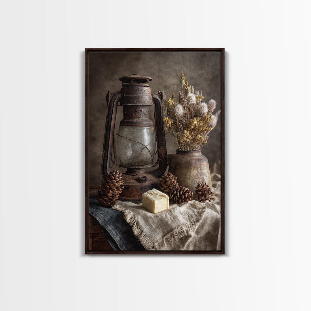 Old Lantern and Pinecones Still Life Framed Canvas Print, Country Art, Farmhouse Wall Decor, Farmhouse Decor, Oil Painting, COU-2x3-8