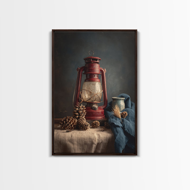 Old Lantern and Pinecones Still Life Framed Canvas Print, Country Art, Farmhouse Decor, Watercolor Art, Country, COU-2x3-80
