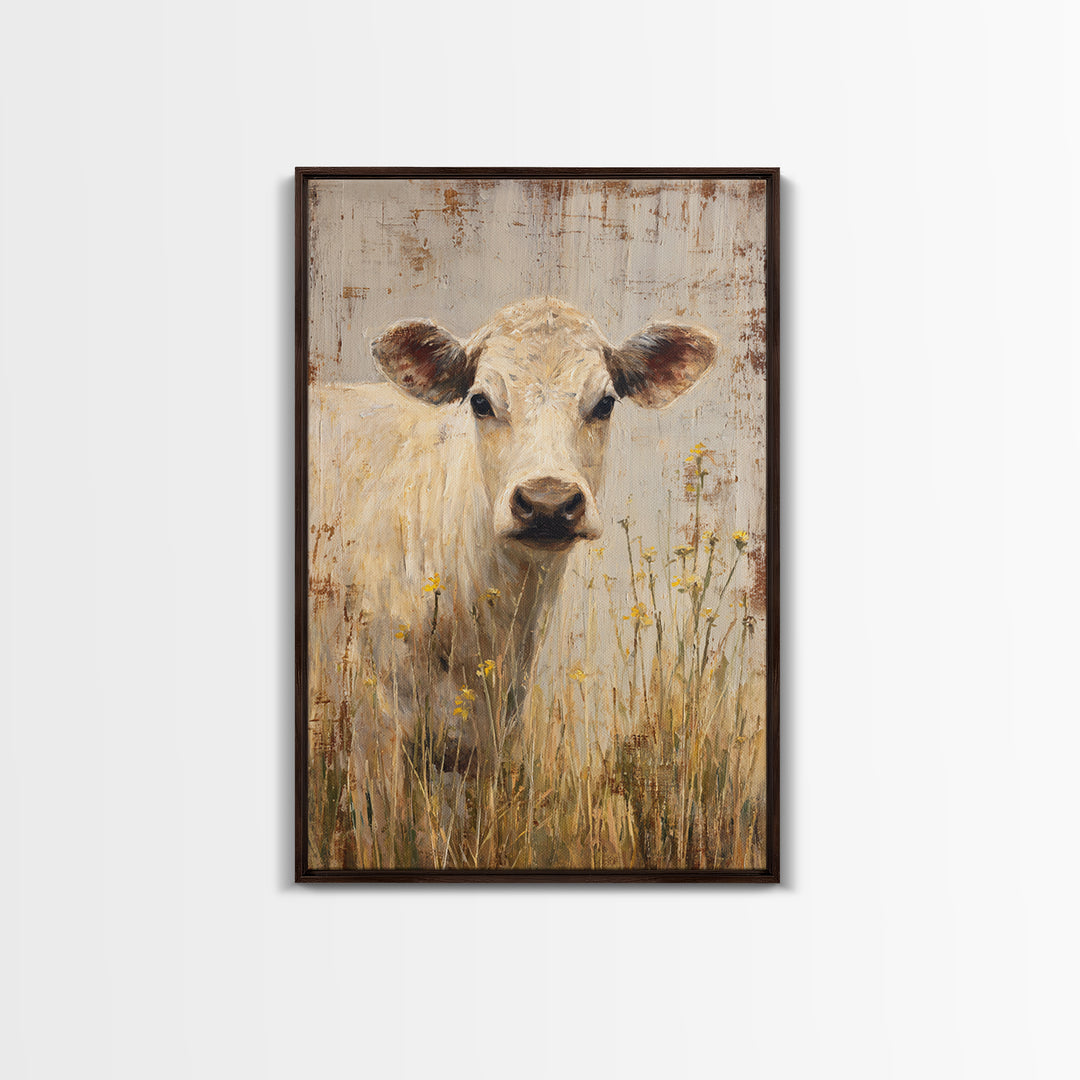 Cow Portrait with Gentle Farmhouse Personality Framed Canvas Print, Country Art, Landscape Painting, Farmhouse Decor, Country, COU-2x3-84