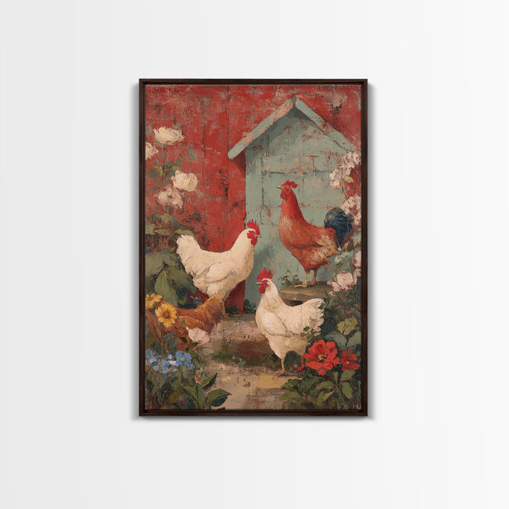 Chickens Pecking Near Garden Flowers Framed Canvas Print, Country Art, Farmhouse Decor, Watercolor Art, Country, COU-2x3-94