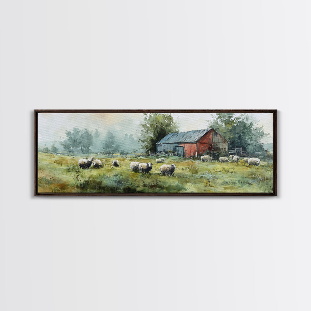 Watercolor Sheep in a Green Pasture Framed Canvas Print, Country Art, Gallery Wall Art, Farmhouse Decor, Fine Art, Country, COU-3x1-15