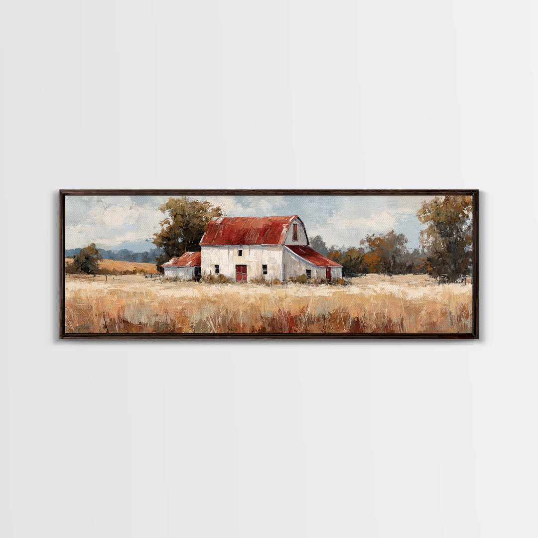 White Farmhouse Surrounded by Tall Grass Framed Canvas Print, Country Art, Art Prints, Farmhouse Decor, Fine Art, Country, COU-3x1-2