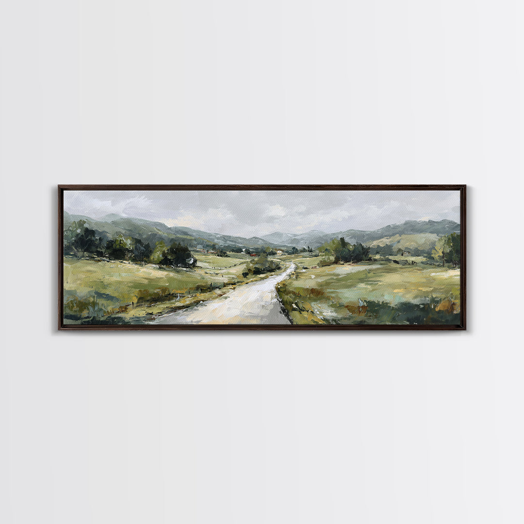 Country Road Disappearing into Green Hills Framed Canvas Print, Country Art, Statement Artwork, Farmhouse Decor, Country, COU-3x1-23