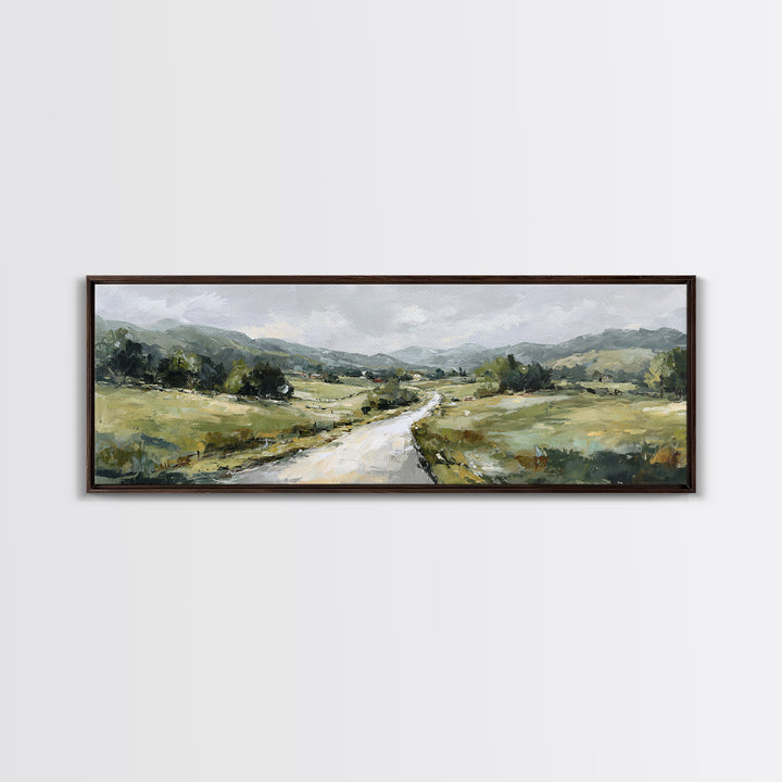 Country Road Disappearing into Green Hills Framed Canvas Print, Country Art, Statement Artwork, Farmhouse Decor, Country, COU-3x1-23