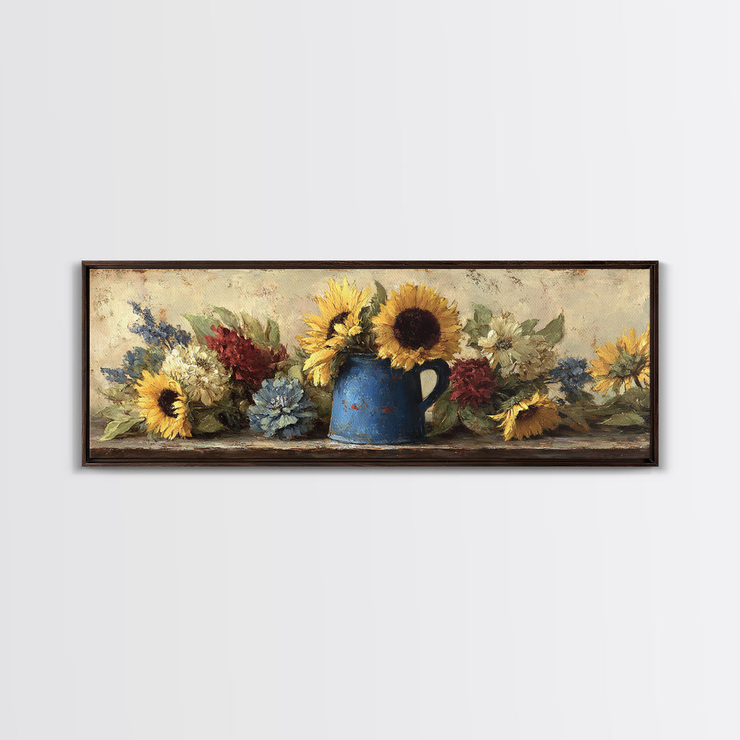 Sunflowers in a Blue Enamel Pitcher Canvas Print, Country Art, Farmhouse Wall Art, Farmhouse Decor, Watercolor Art, Country, COU-3x1-24