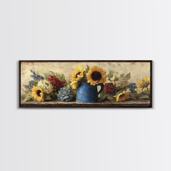 Sunflowers in a Blue Enamel Pitcher Canvas Print, Country Art, Farmhouse Wall Art, Farmhouse Decor, Watercolor Art, Country, COU-3x1-24