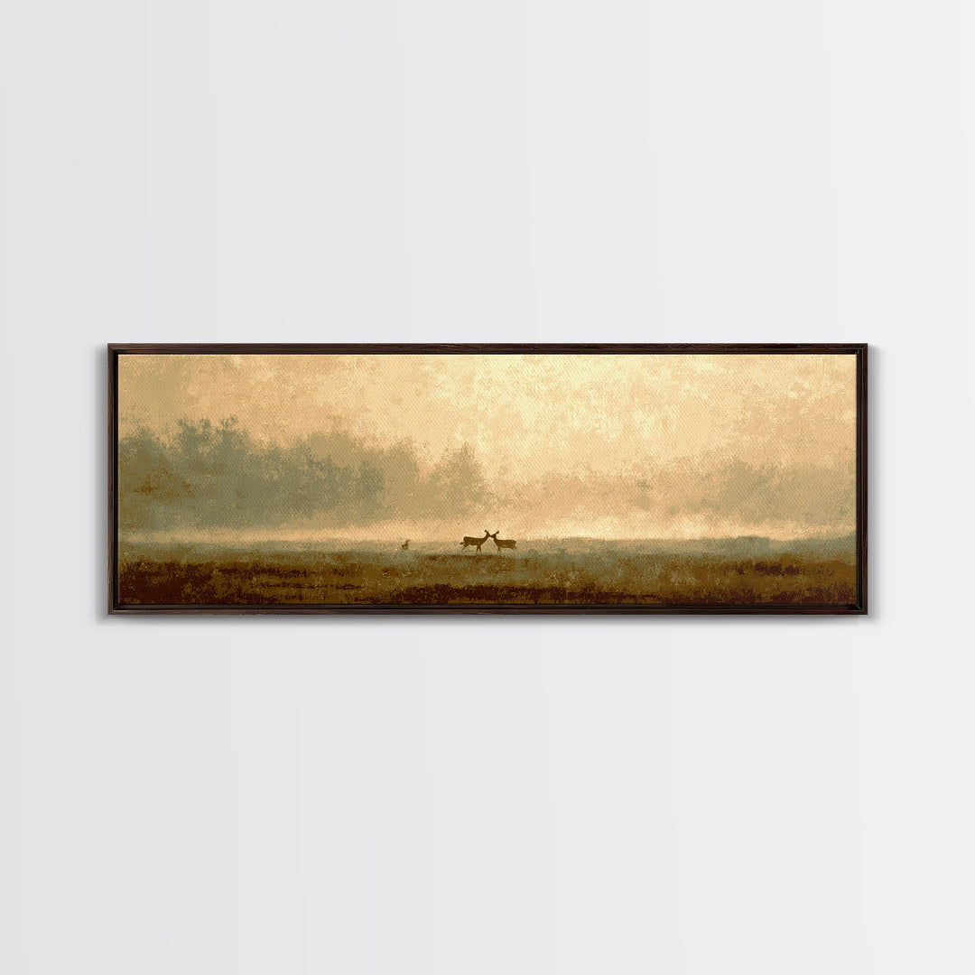 Deer Crossing a Misty Morning Field Framed Canvas Print, Country Art, Boho Decor, Farmhouse Decor, Fine Art, Country, COU-3x1-27