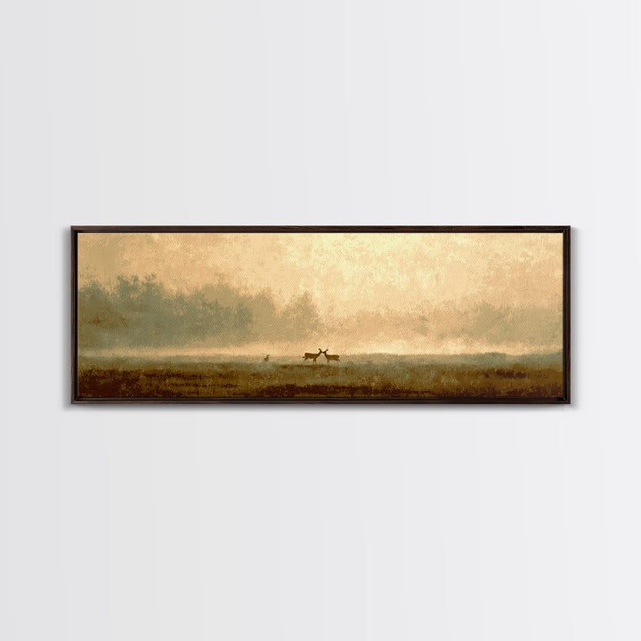 Deer Crossing a Misty Morning Field Framed Canvas Print, Country Art, Boho Decor, Farmhouse Decor, Fine Art, Country, COU-3x1-27