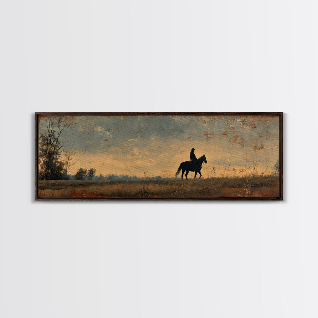 Horse and Rider Silhouette at Dusk Canvas Print, Country Art, Farmhouse Decor, Country, Gallery Wall Art, Landscape Wall Art, COU-3x1-33