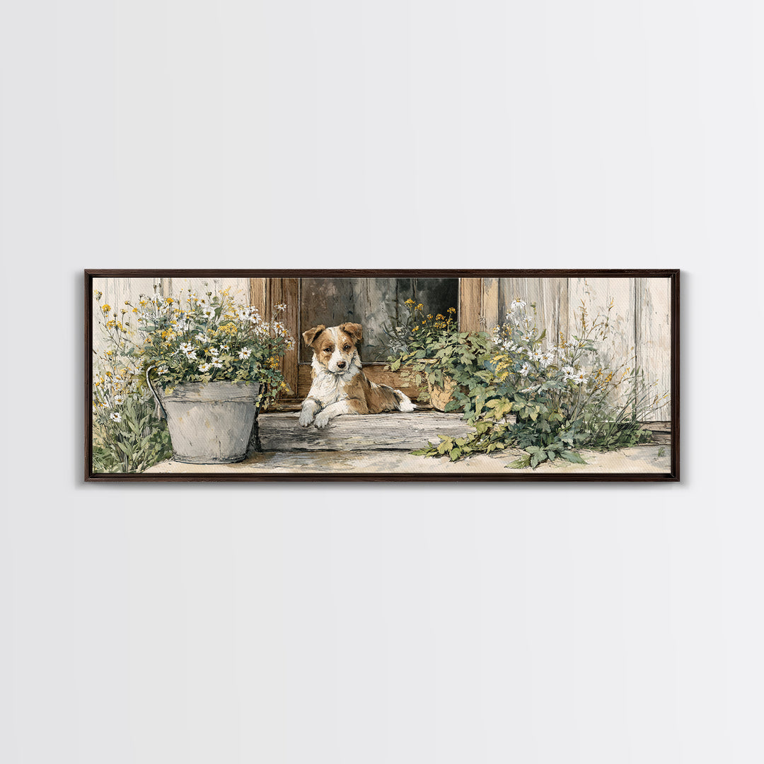 Dog Resting Beside a Porch Flower Pot Canvas Print, Country Art, Original Painting, Farmhouse Decor, Oil Painting, Country, COU-3x1-38