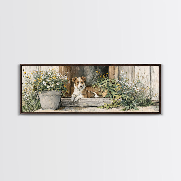 Dog Resting Beside a Porch Flower Pot Canvas Print, Country Art, Original Painting, Farmhouse Decor, Oil Painting, Country, COU-3x1-38