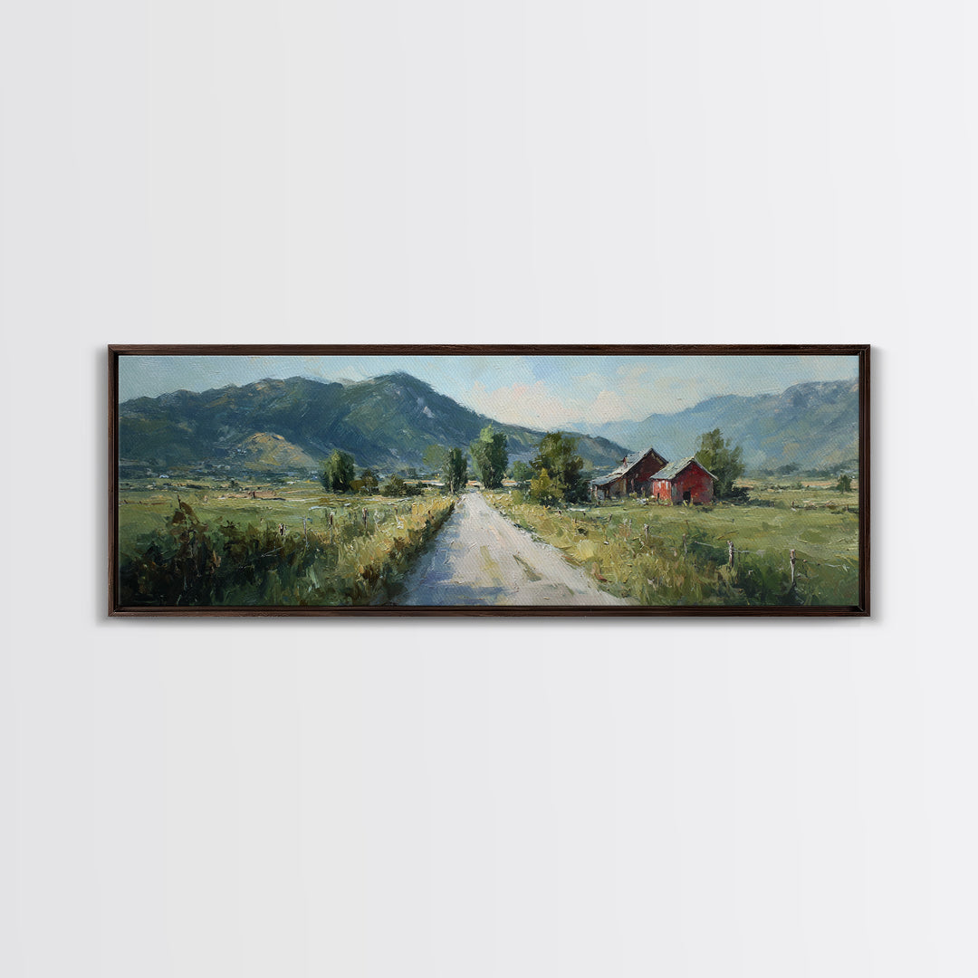 Country Road Disappearing into Green Hills Framed Canvas Print, Country Art, Art, Farmhouse Decor, Oil Painting, Country, COU-3x1-47