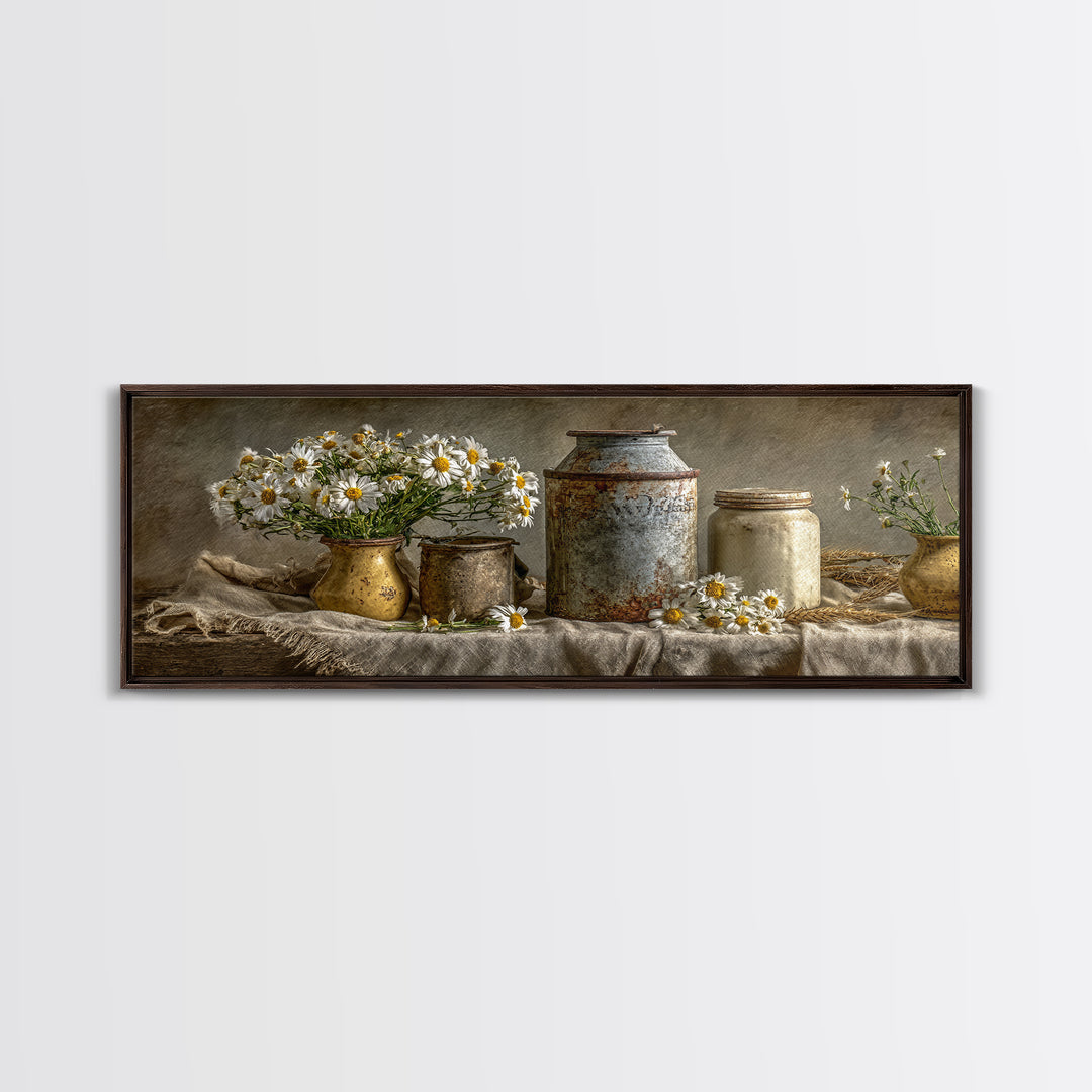 Milk Can and Daisies Rustic Still Life Framed Canvas Print, Country Art, Oil Painting, Farmhouse Decor, Watercolor Art, Country, COU-3x1-5