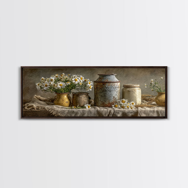 Milk Can and Daisies Rustic Still Life Framed Canvas Print, Country Art, Oil Painting, Farmhouse Decor, Watercolor Art, Country, COU-3x1-5