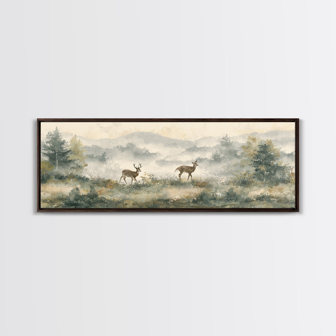 Deer Crossing a Misty Morning Field Framed Canvas Print, Country Art, Digital Prints, Farmhouse Decor, Fine Art, Country, COU-3x1-51